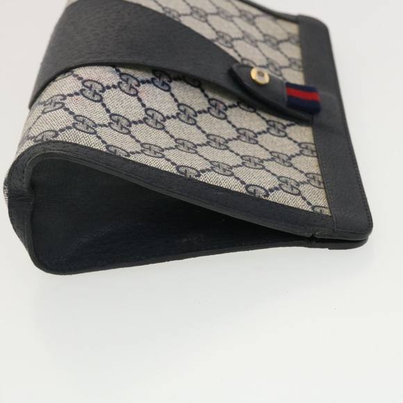 GUCCI GG Canvas Sherry Line Clutch Bag PVC Leather Gray Red Navy Auth th3543 - Picture 3 of 16